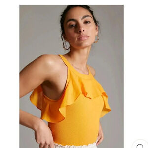 ANTHROPOLOGIE MAEVE RUFFLED RIB HALTER TANK BLOUSE TOP. Size XS